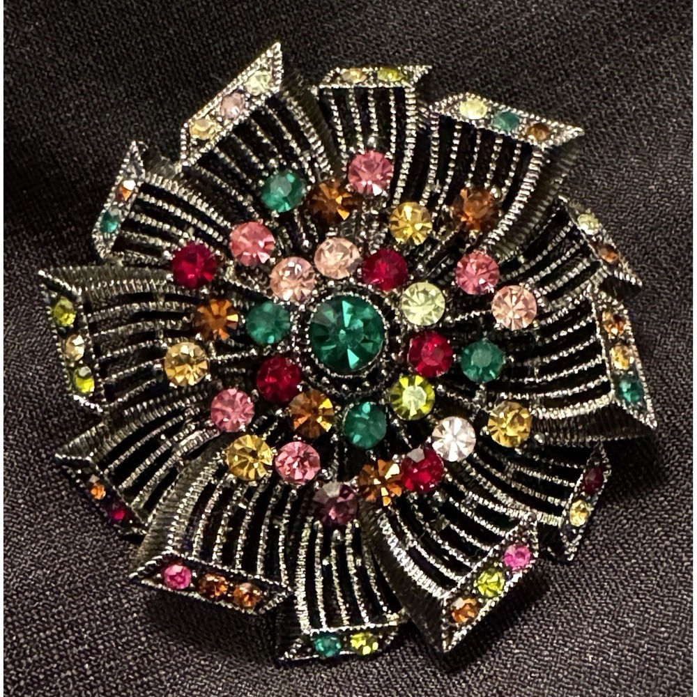 Vtg Style Multicolor Rhinestone Sunburst Brooch Silver‎ Tone Pendant Pin 2.25in